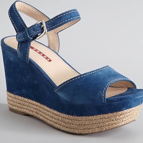 Prada Shoes - PRADA Cadet Blue Suede  Wedge Sandals Espadrille